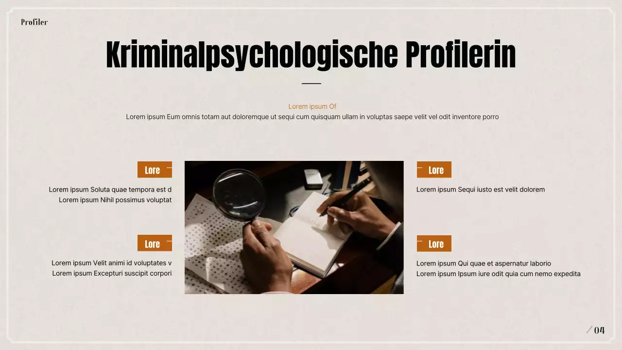 Vortrag über kriminalpsychologisches Profiling in Schwarz und Beige