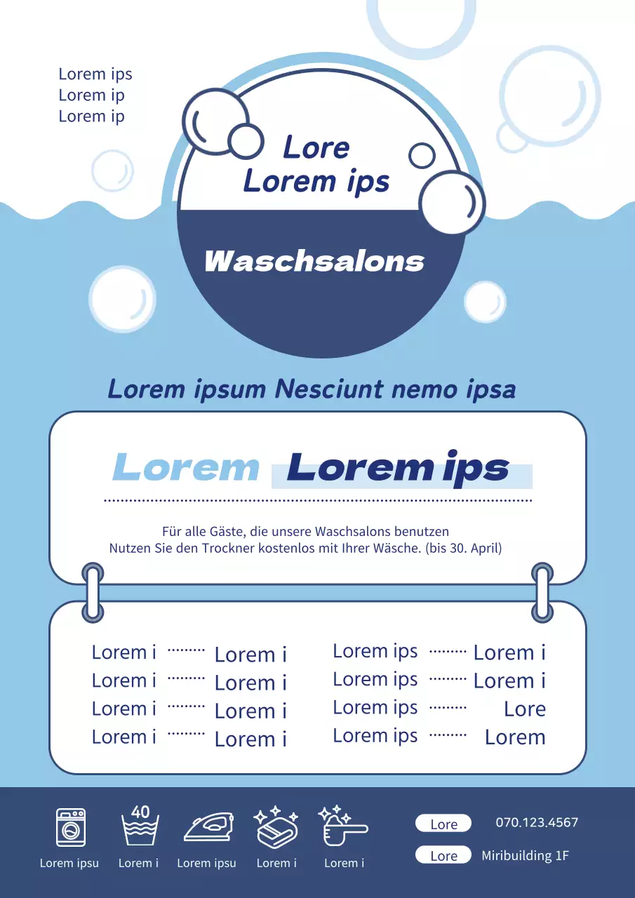 Blaue Illustration wirbt für einen sauberen Waschsalon