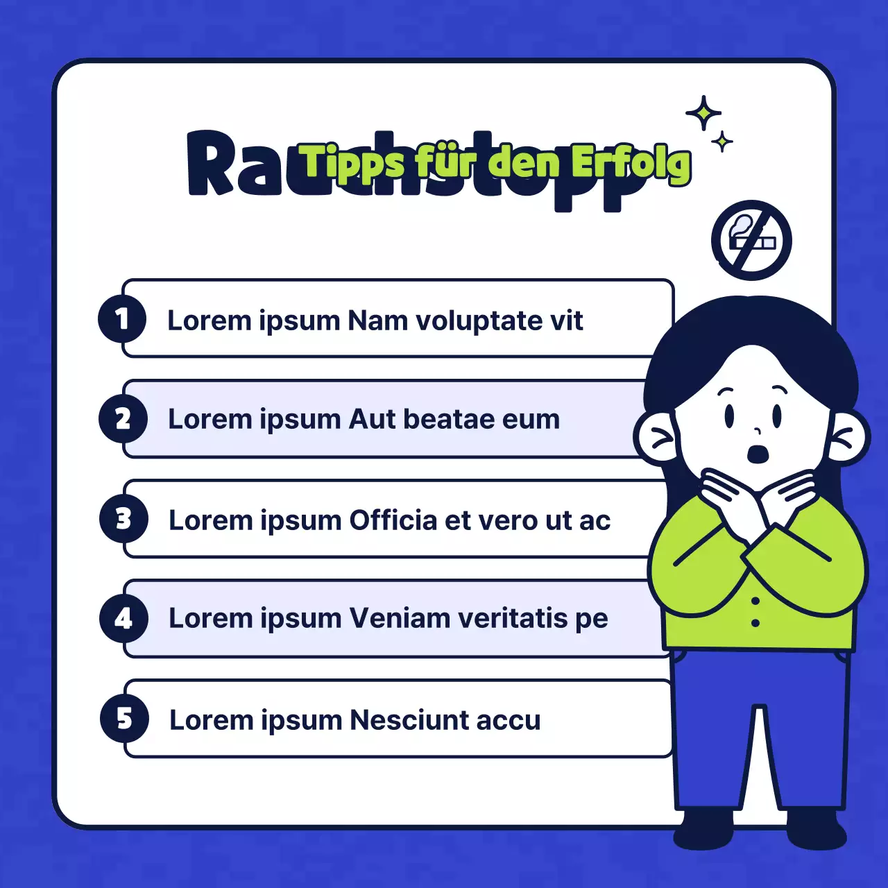 Einfache Zeichenillustration in Blau und Chartreuse, die eine tabakfreie Gesundheitsklinik vorstellt.