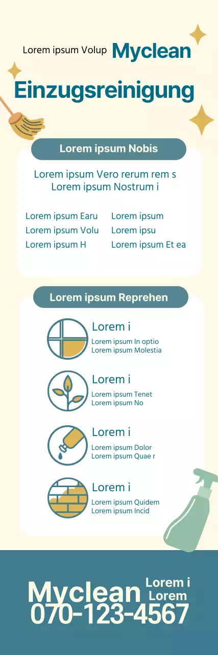 Blaue und gelbe Illustration, die für einen ordentlichen Reinigungsservice beim Einzug wirbt