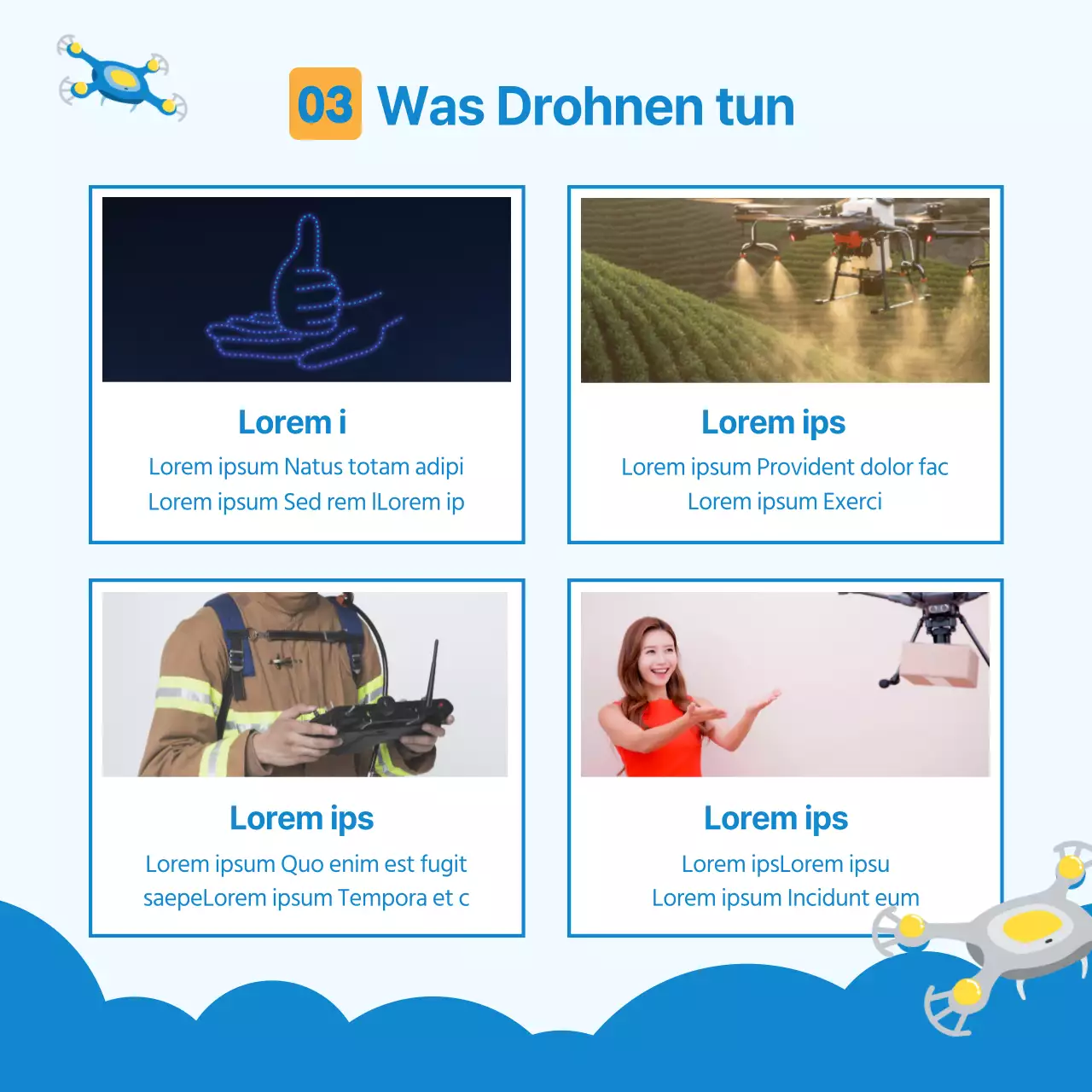 World of Drones CardNews Design in blau-weißer Stimmung