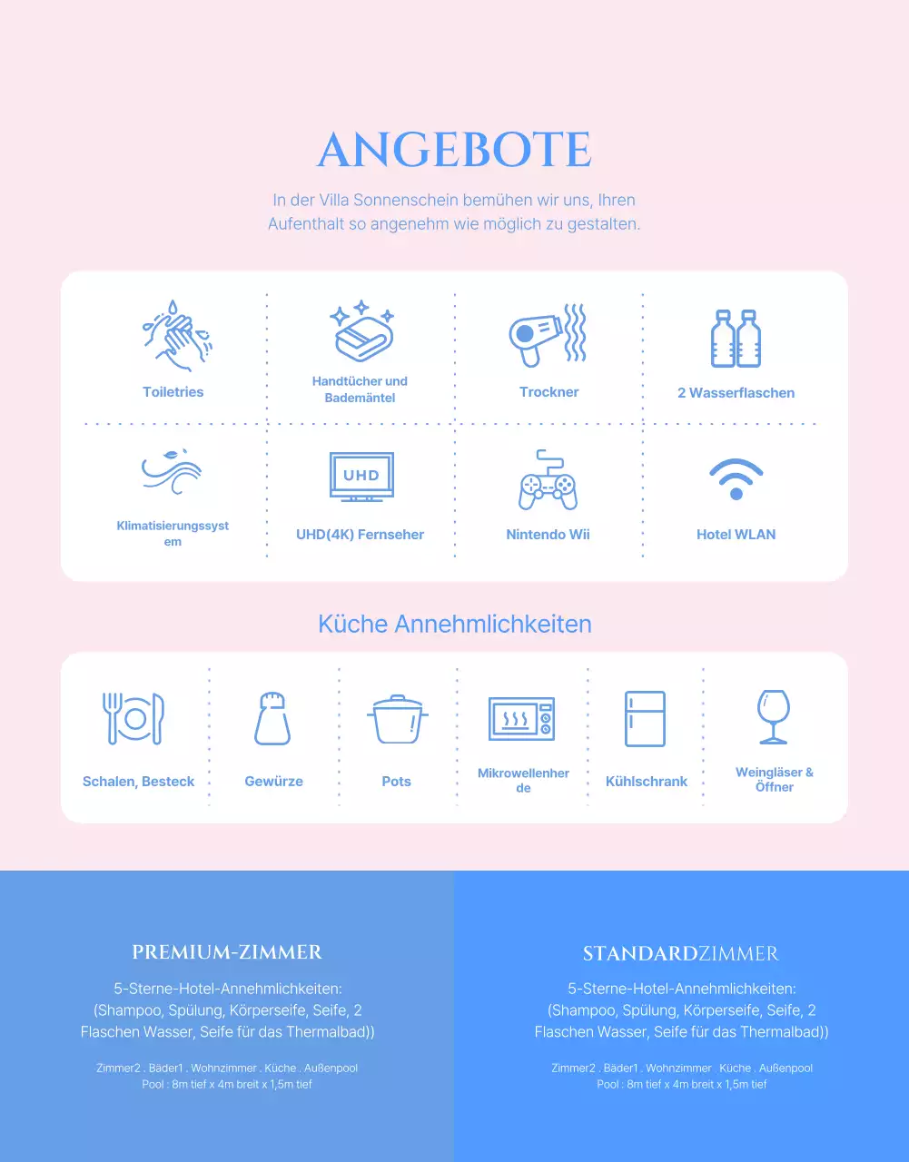 So buchen Sie eine Pool-Villa mit einem kontrastreichen Farbkonzept aus hellem Rosa und kühlem Blau