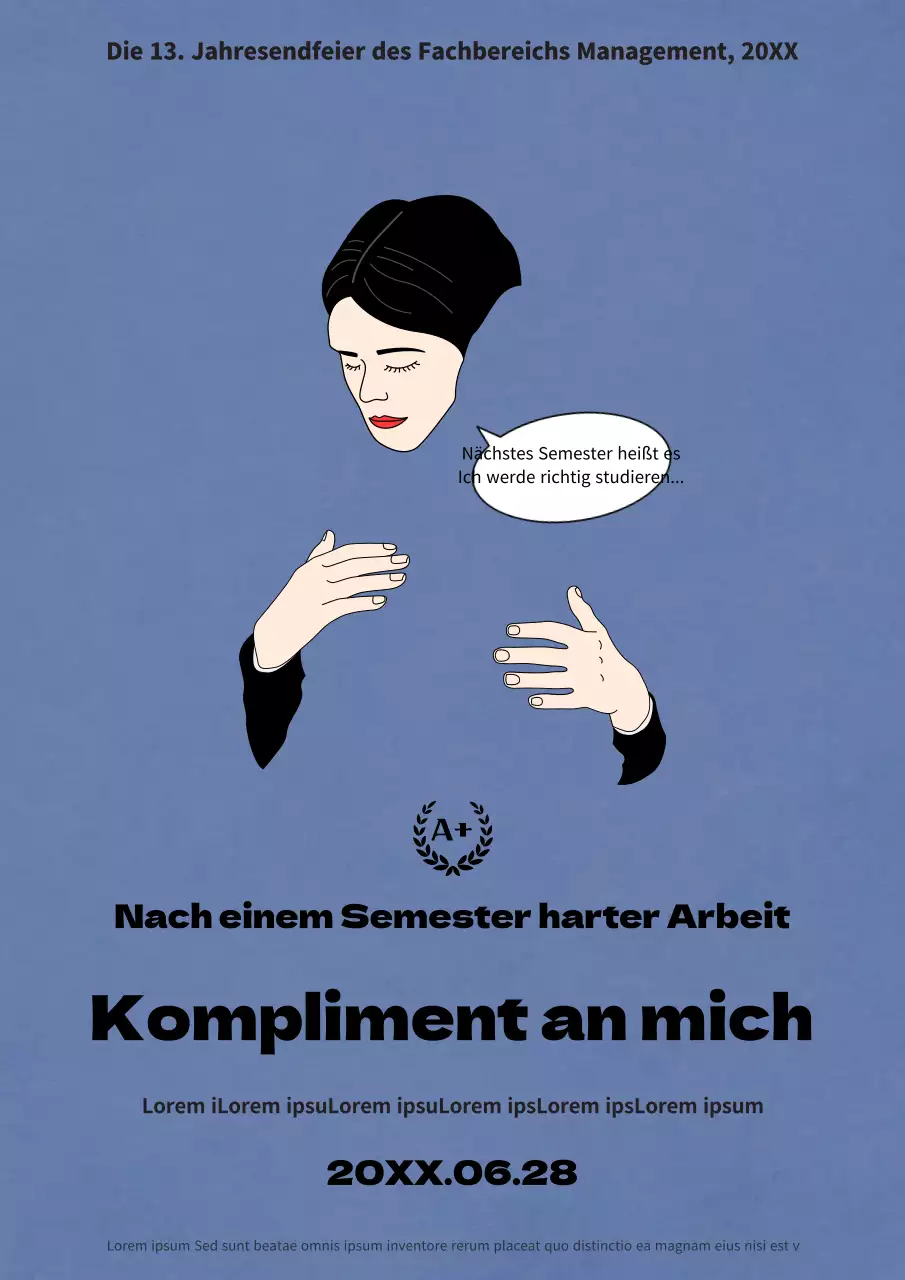 Eine emotionale Illustration in Marineblau zur Werbung für eine Semesterabschlussfeier an der Universität.