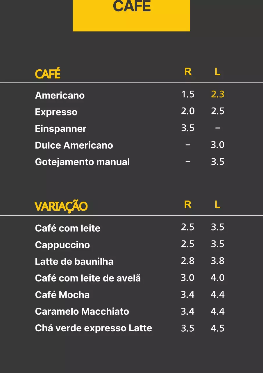 Mesa de menu de bebidas simples amarela e preta