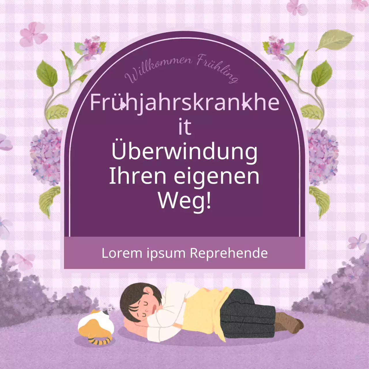 Ein lila-karierter Instagram-Feed mit Frühlingsillustrationen gegen Frühlingsgefühle