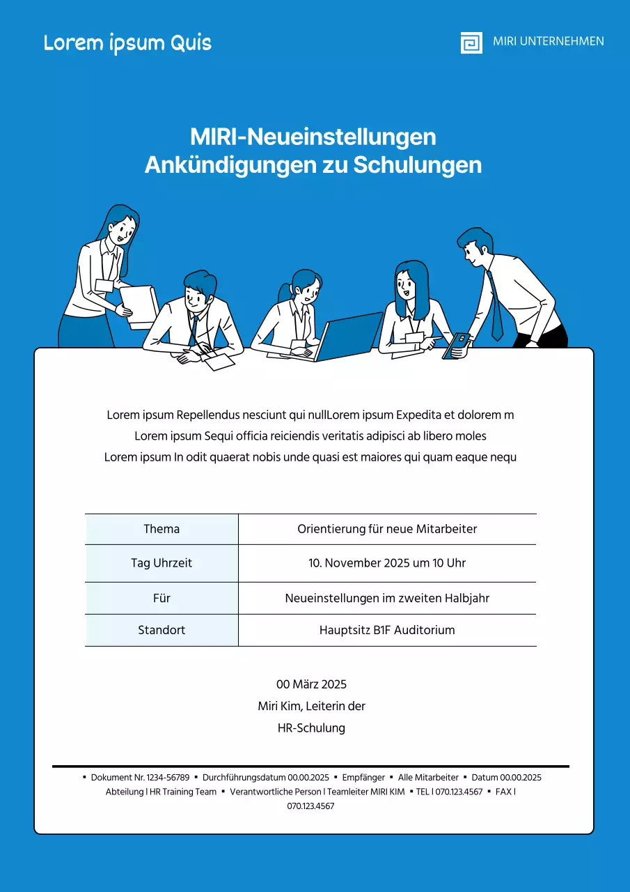 Blaue, illustrierte Ankündigung einer Schulung für neue Mitarbeiter