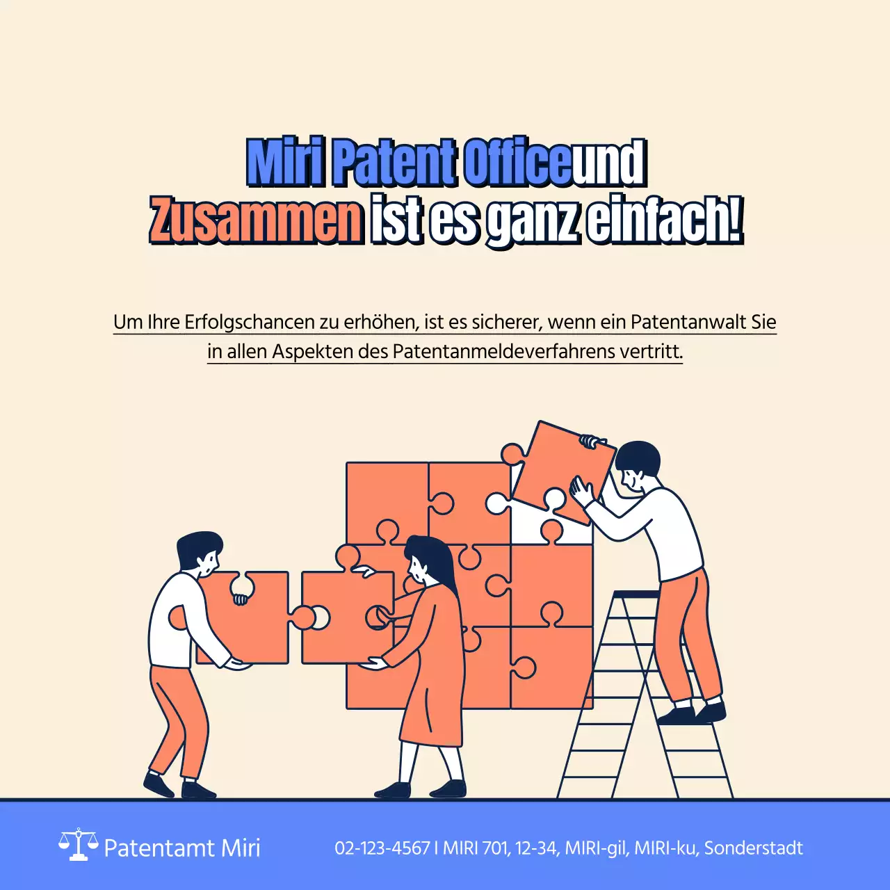Informationskarte zur Patentanmeldung in Beige, Blau und Orange News