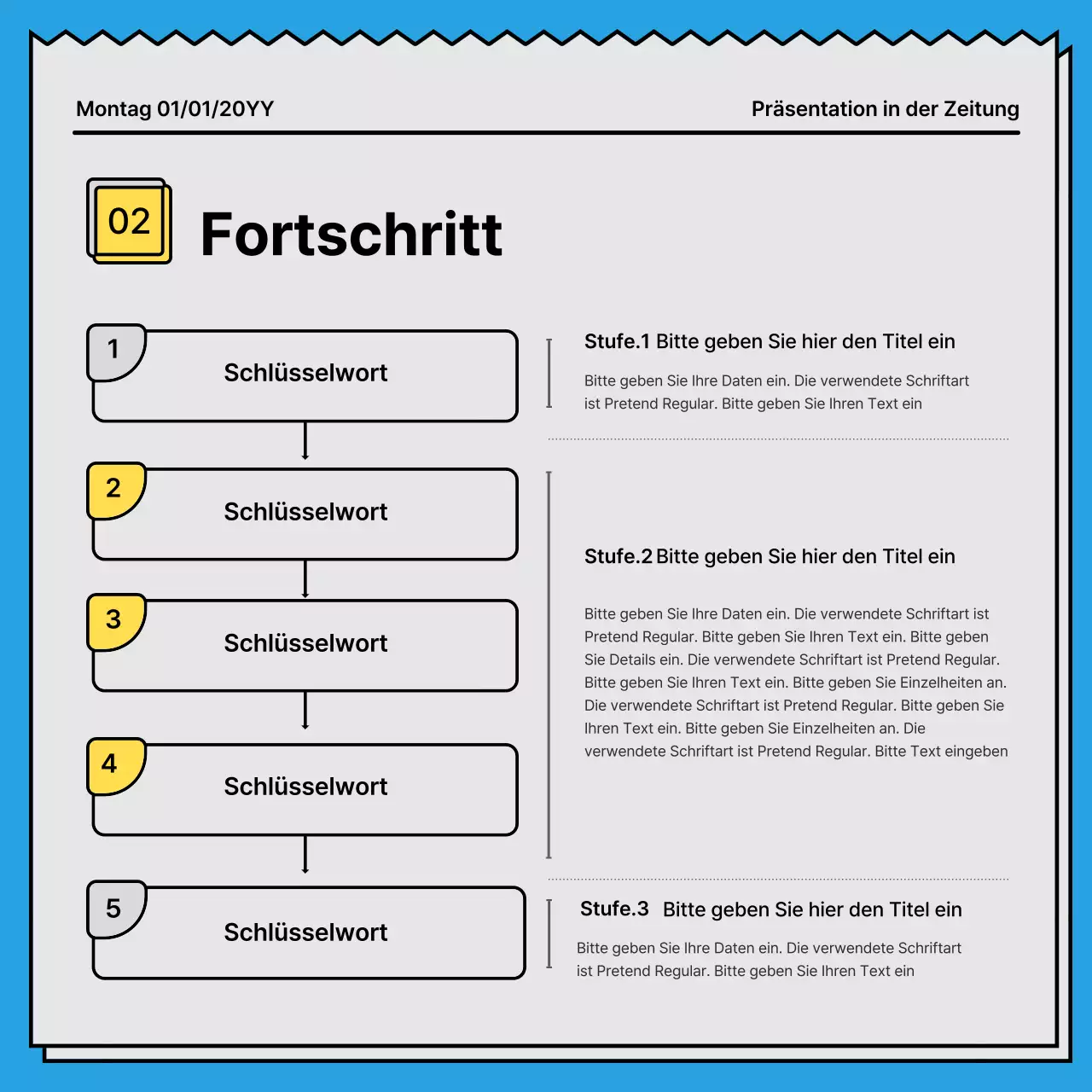 Mutige, aufmerksamkeitsstarke Karte News in einem Zeitungskonzept mit gelben und hellblauen Akzentfarben