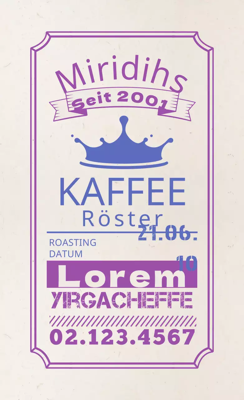 Kaffeebohnen-Etiketten mit lila Typografie-Design
