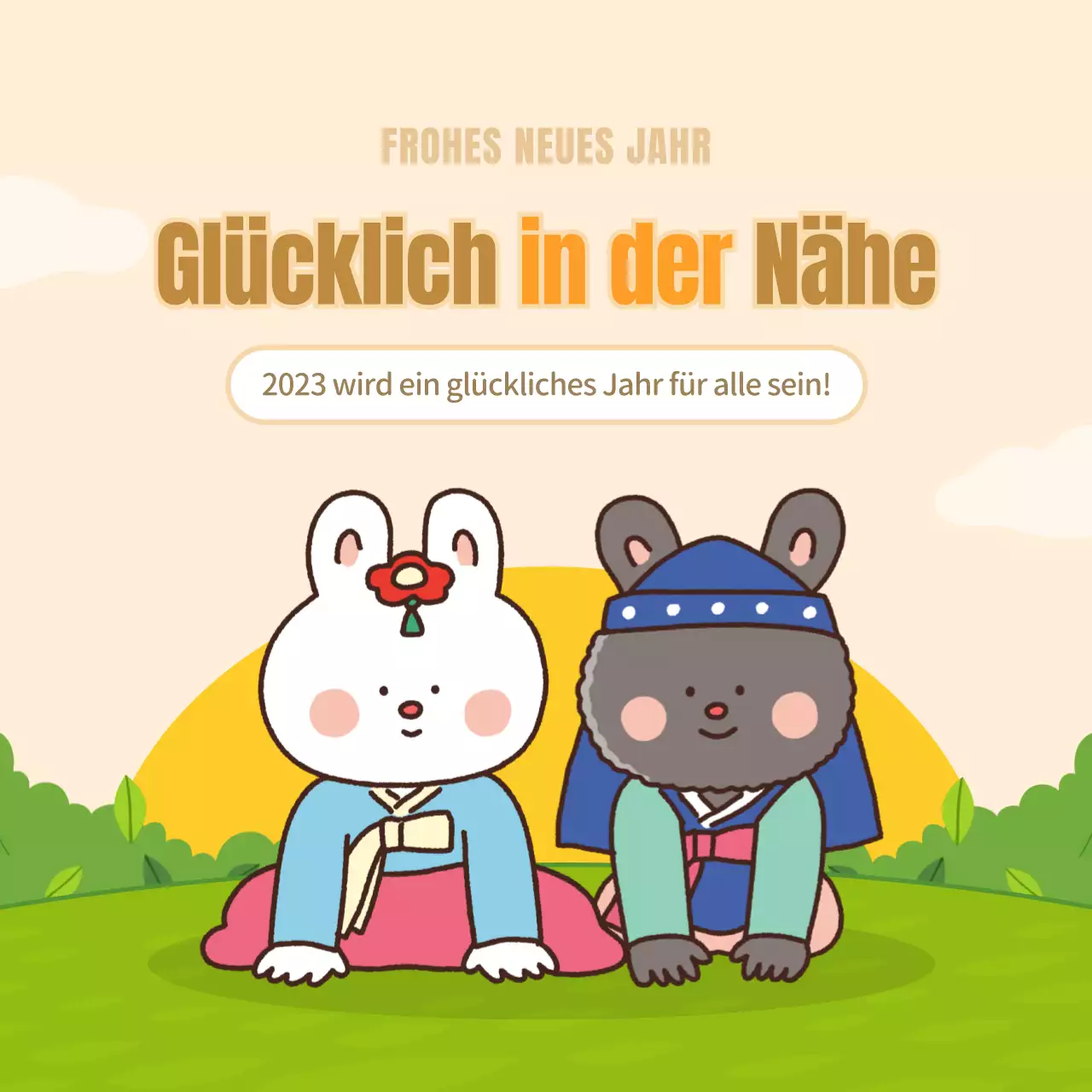 Niedliche Hasenfigur Neujahrsgrüße in gelb und grün