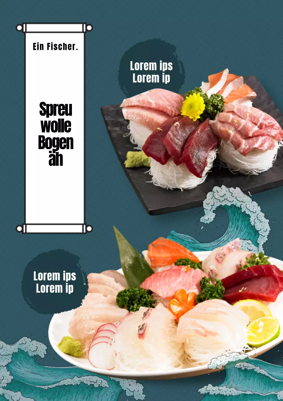 Live-Sashimi-Menü Bord Web-Poster Porträt mit blauen Wellen Illustration