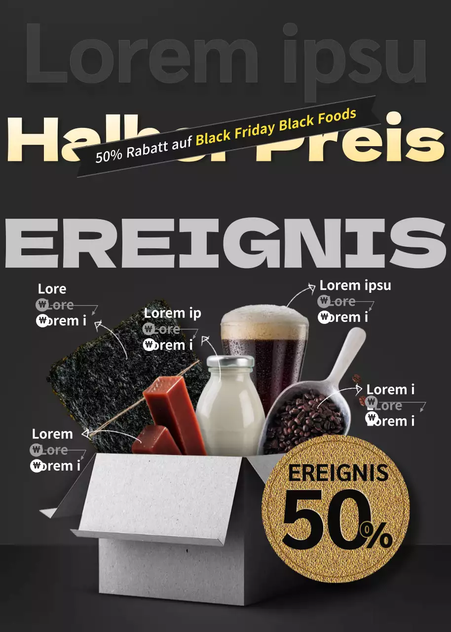 Lebensmittel-Discount-Veranstaltung mit schwarzem und grauem Hauslieferungsbox-Konzept