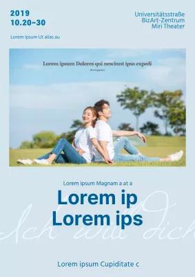 Bewerben Sie einen einfachen Auftritt mit einem Foto eines Paares in einem Park in Hellblau.
