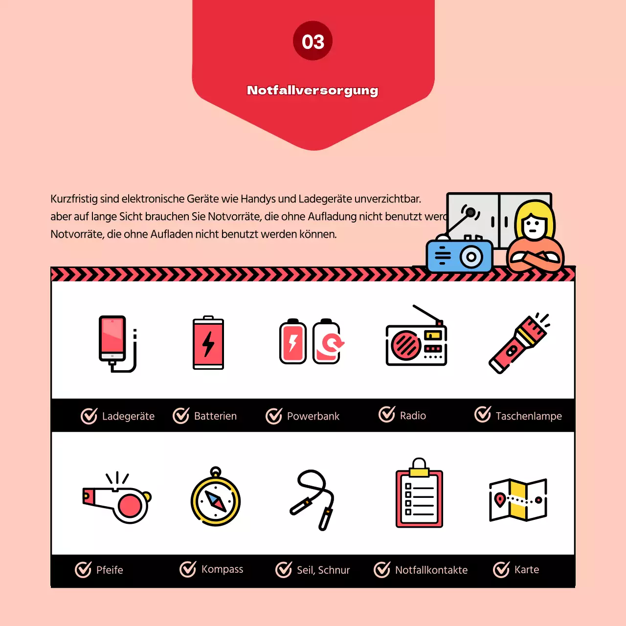 Hervorhebung von Abbildungen in Gelb Erstellen Sie die Überlebenstasche meiner Familie