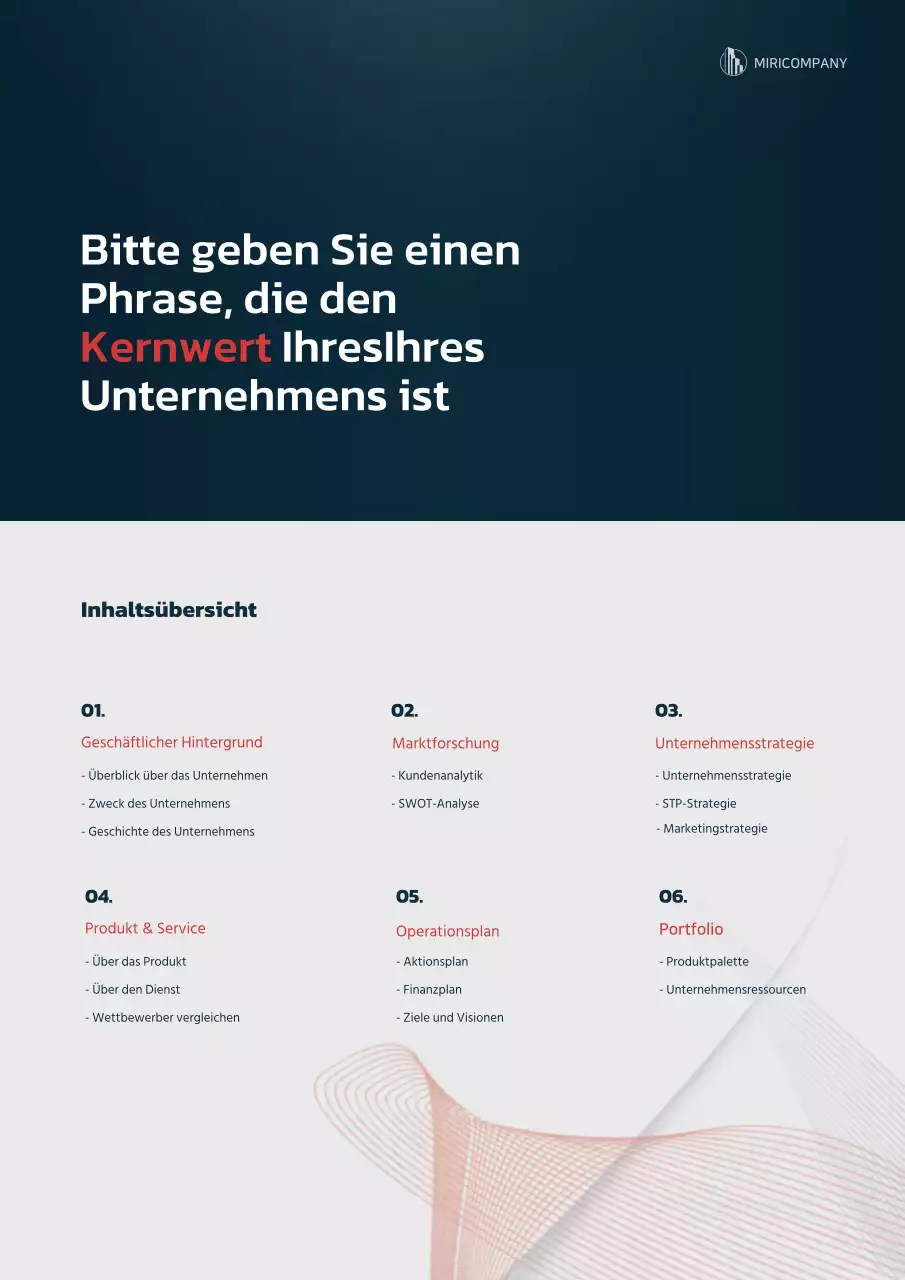 Grafikkonzept Businessplan in Marineblau und Rot