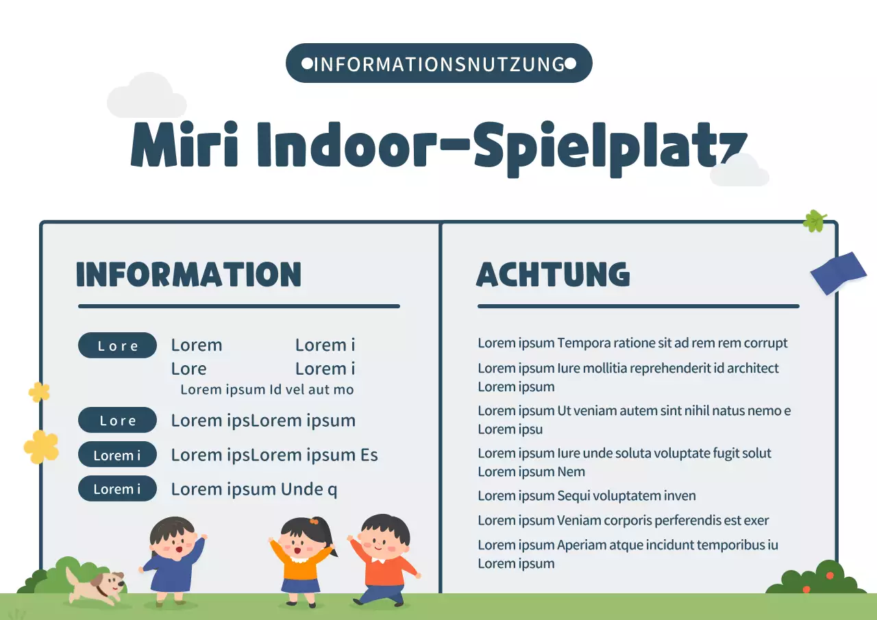 Niedliche Illustration im Stil von Marineblau und Grün Informationen über Indoor-Spielplätze