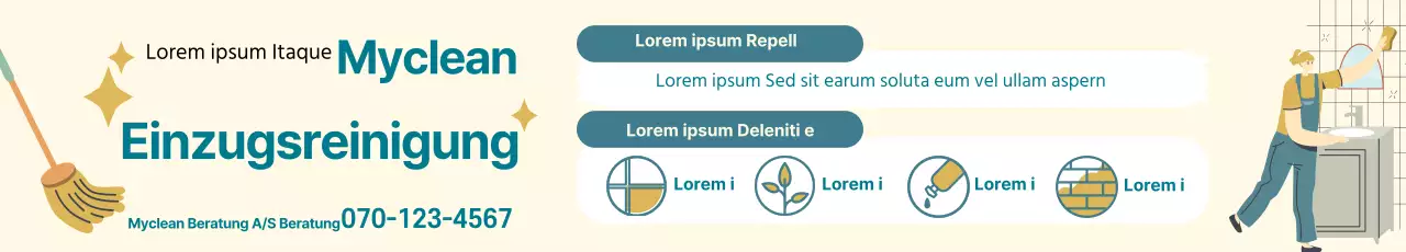 Blaue und gelbe Illustration, die für einen ordentlichen Reinigungsservice beim Einzug wirbt