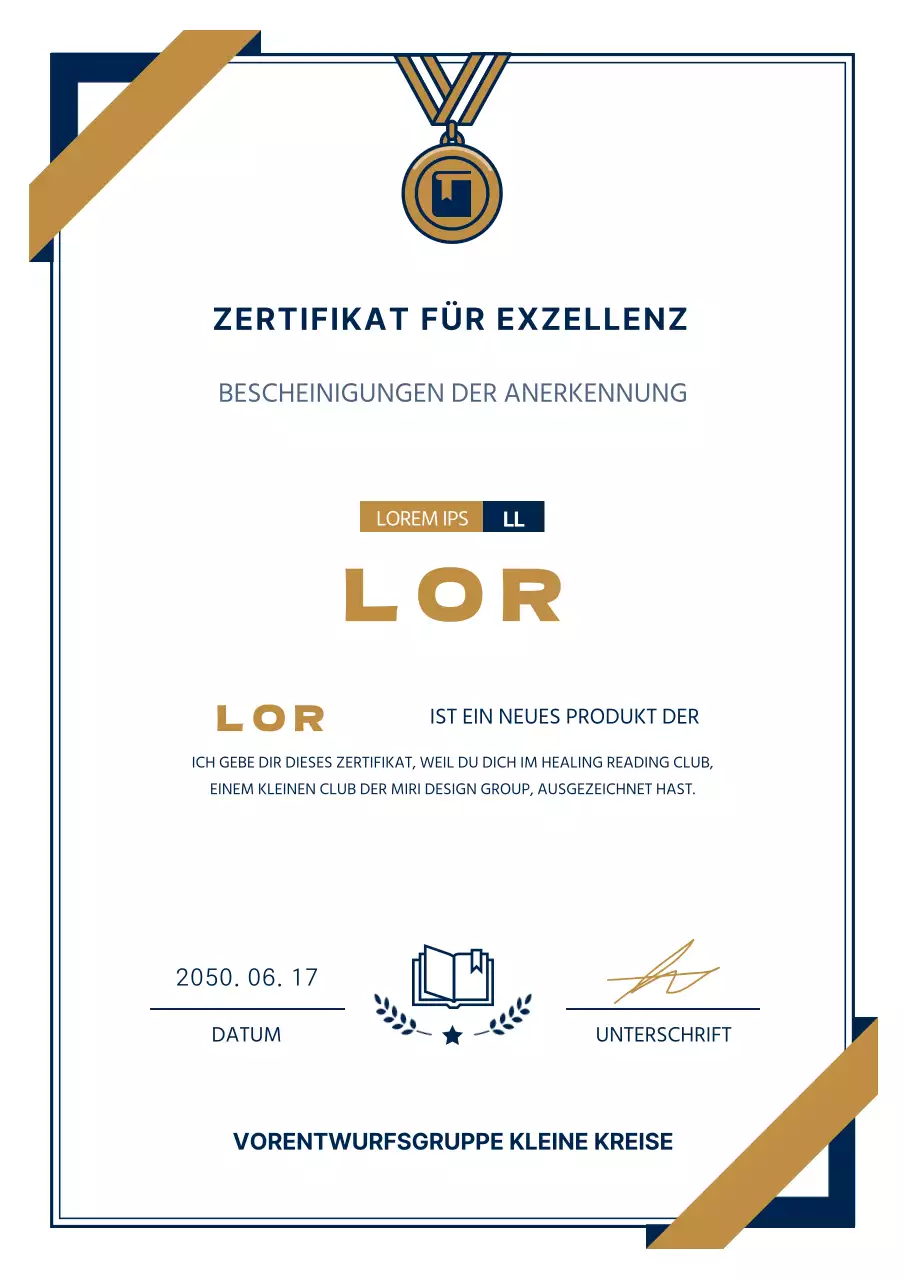 Einfacher Lesezirkel Zertifikat für Exzellenz in Marineblau und Gold