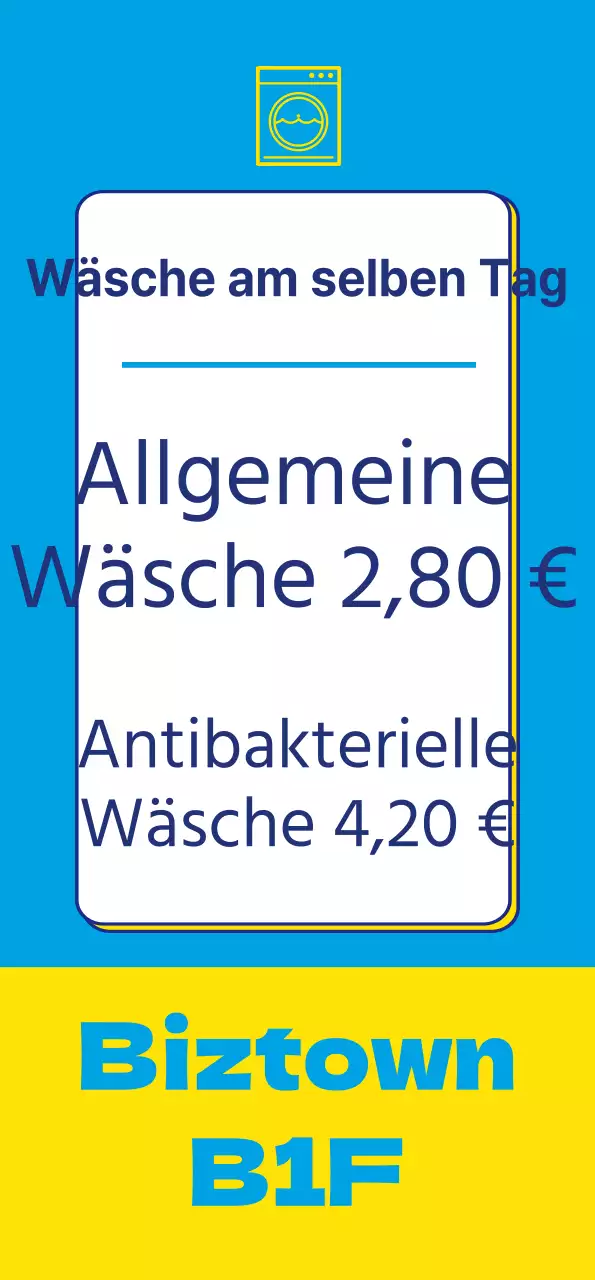Waschsalon-Banner mit Wäsche-Symbol in gelber Punktfarbe auf blauem Hintergrund