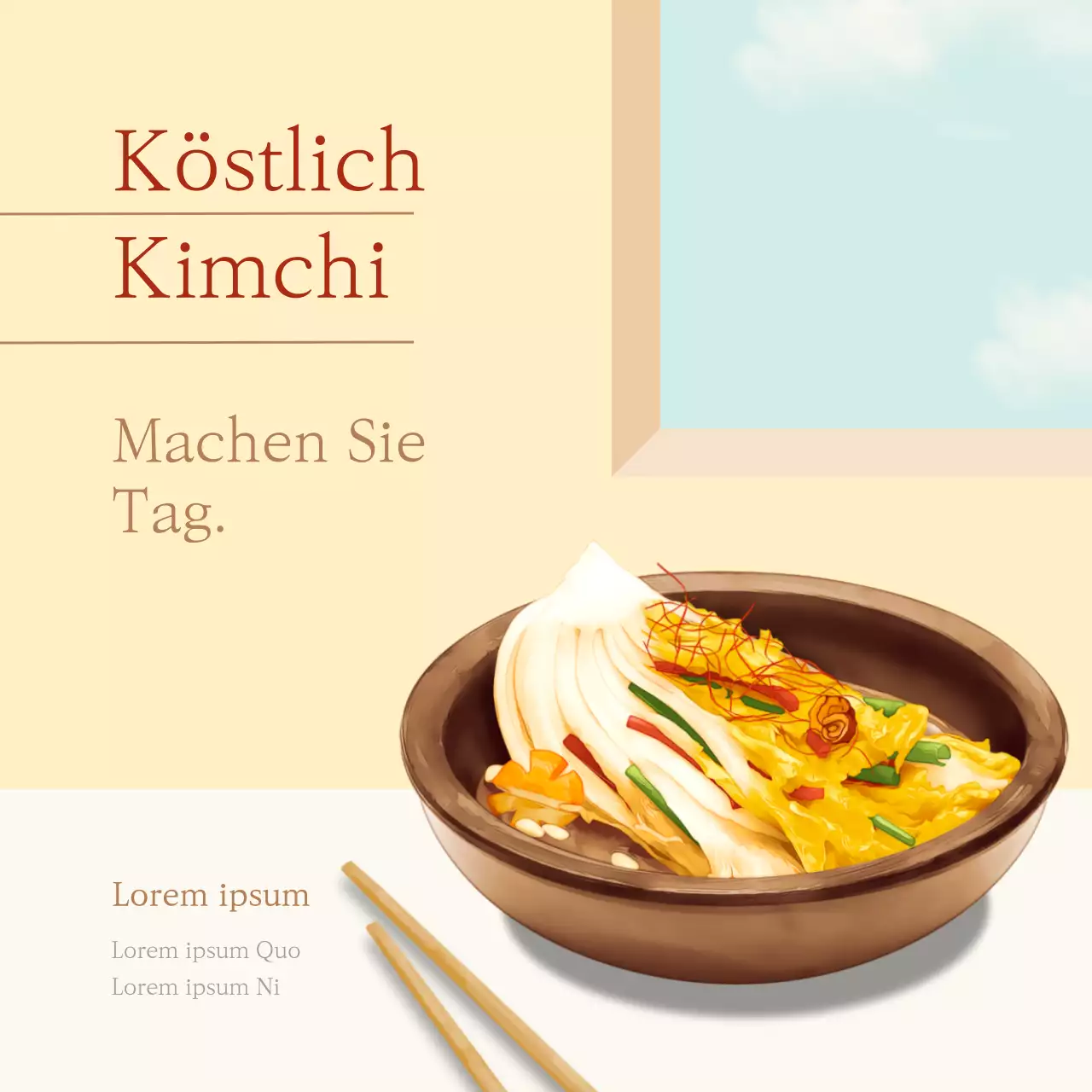 Werbung für ein minimalistisches gelb-braunes Kimchi-Menüpaket