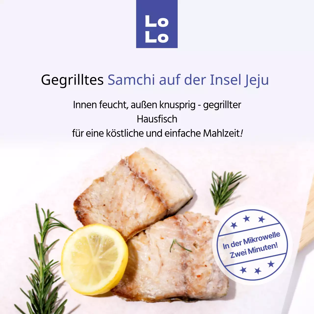 Werbung für Jejus weiß-blaues Fischrestaurant, Jeju Grilled Fish