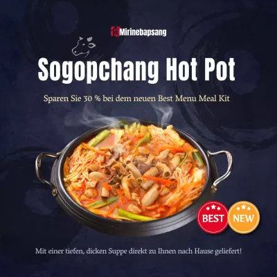 Werbung für die Markteinführung eines navyfarbenen, traditionell aussehenden Essenspakets mit Innereien