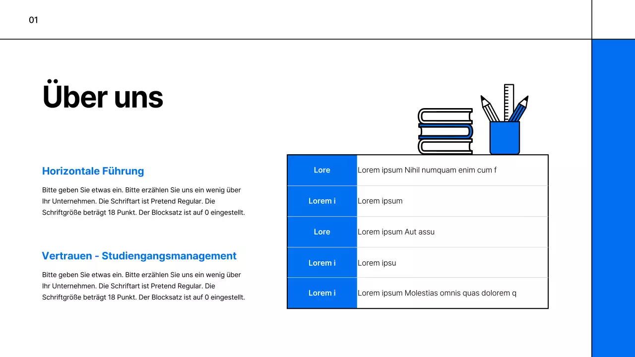 Ein einfacher weiß-blauer Prospekt für ein Bildungsunternehmen