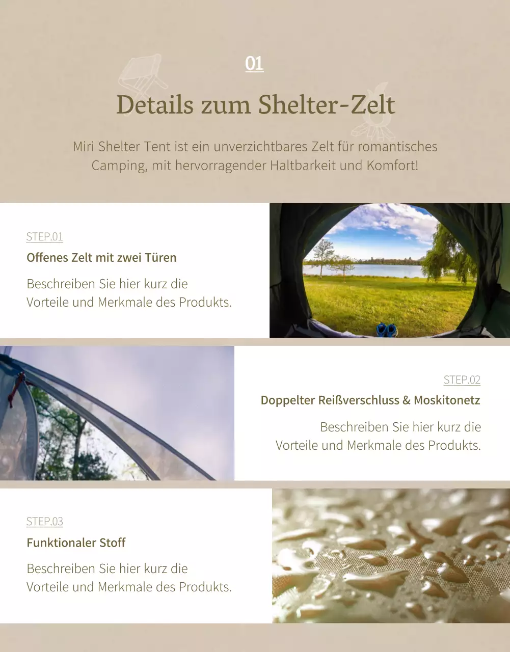 Emotionales Campingkonzept in Marineblau und Beige