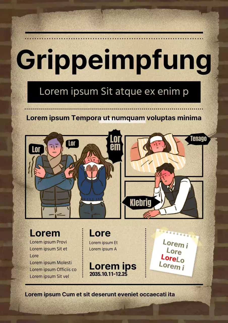 Cartoon-Konzept Krankenhaus Impfung Führer mit braunen Backstein Hintergrund und Papier Textur Illustrationen von kranken Menschen