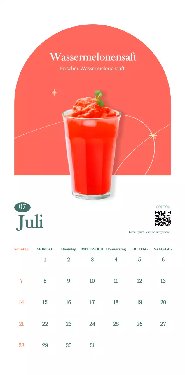 Cafe-Kalender mit Empfehlungen für das Getränk des Monats