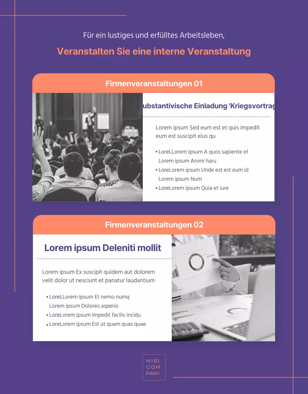 Details des Unternehmensprogramms in Lila mit orangefarbenen Akzenten