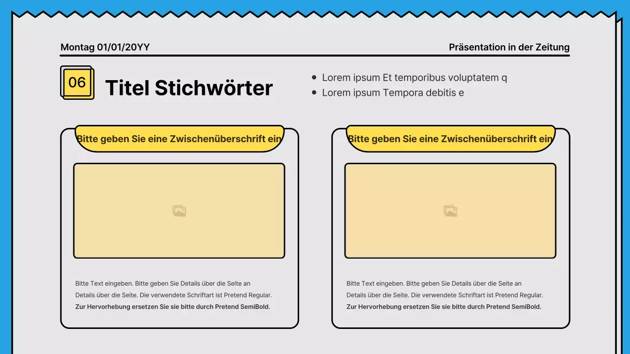 Kräftige Linien und eine aufmerksamkeitsstarke Präsentation in einem Zeitungskonzept mit gelben und hellblauen Akzentfarben