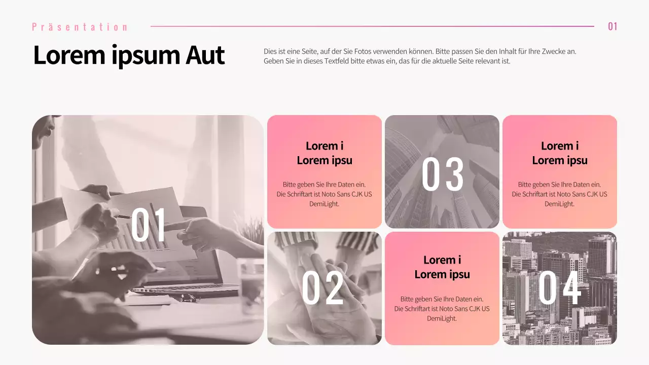 Präsentation verschiedener Layouts mit rosa Verlaufsgrafiken