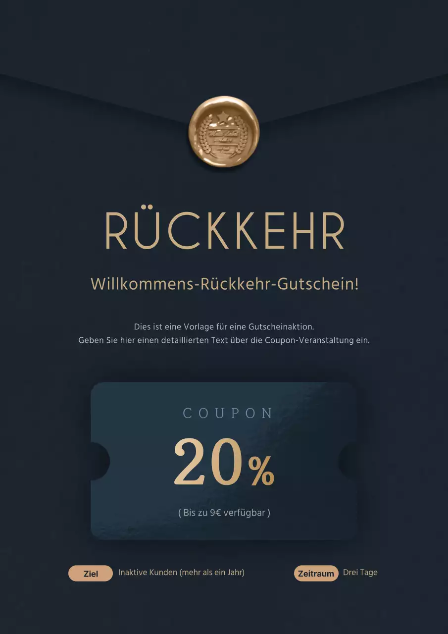 Ein stilvolles und einfaches Rabattcoupon-Angebot mit einer tiefblauen Coupon-Illustration