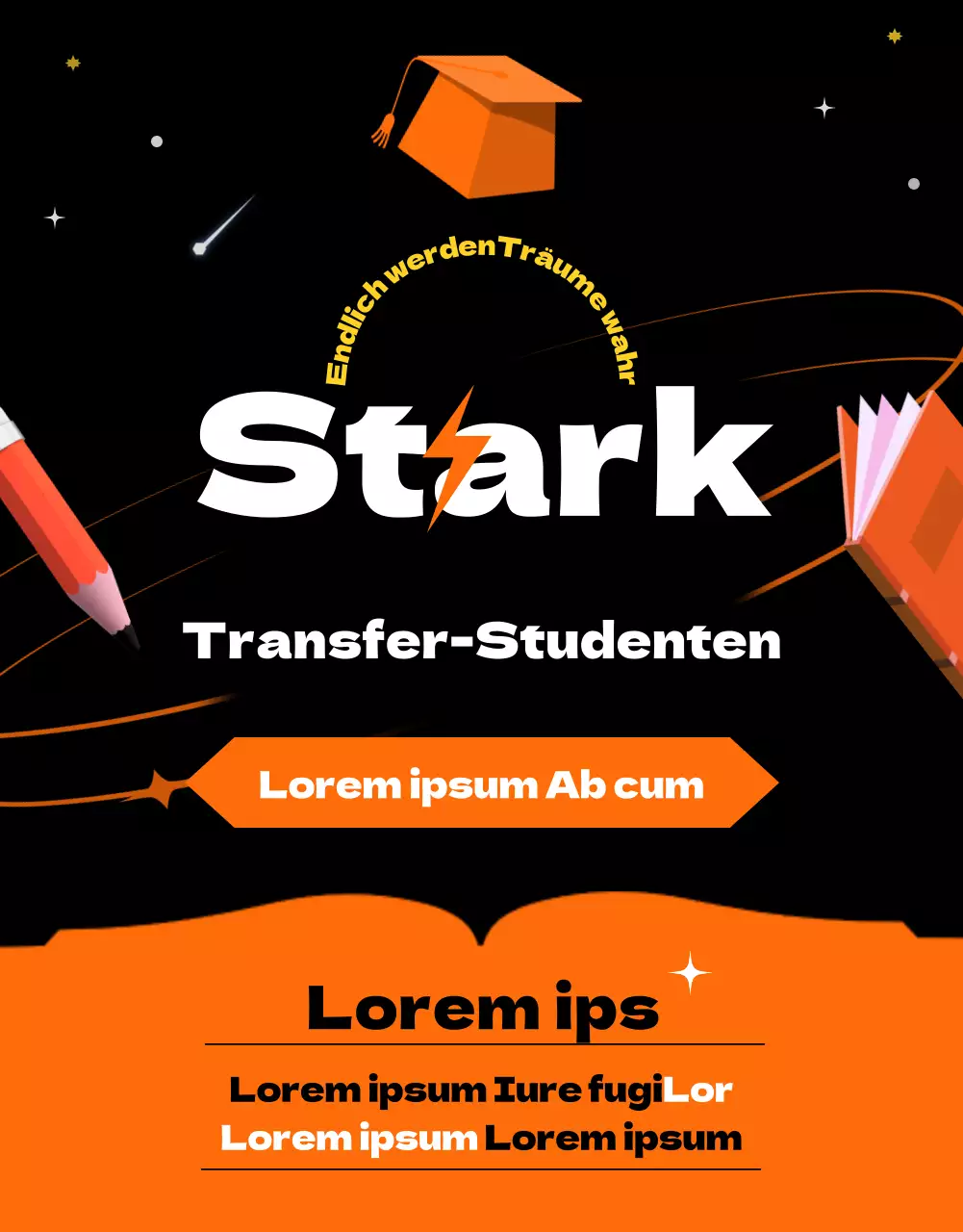 Ein Weltraumkonzept mit orangefarbenen Akzenten Einführung einer einzigartigen und lustigen Transferschule