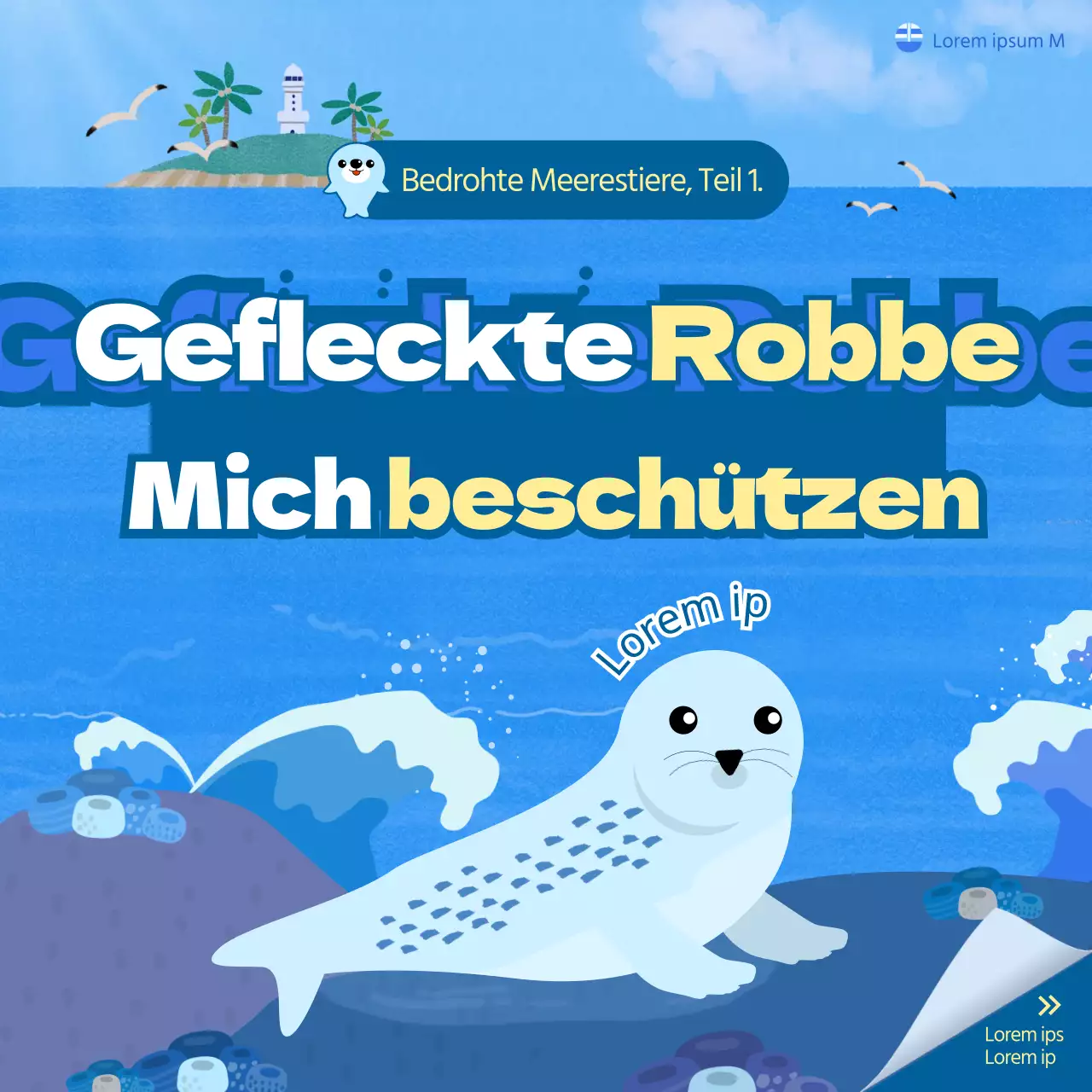 Kühle und niedliche Illustration mit blauem Ozean Hintergrund Bedrohte Meerestiere Erhaltung Gefleckte Robbe Soziale Medien