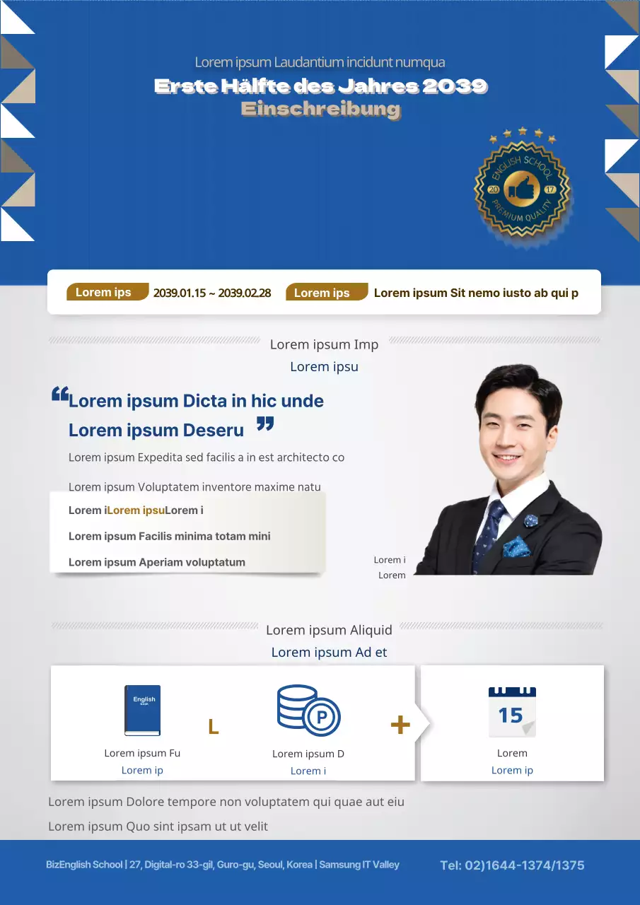 Ein bunter blauer Flyer für eine englische Sprachschule