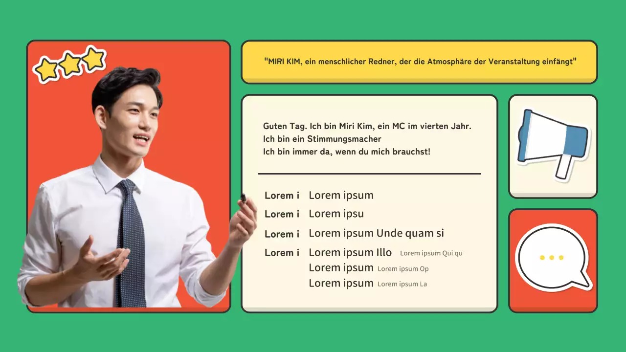 Ein Portfolio für Moderatoren in der Performance-Branche mit einem niedlichen rot-grünen Aufkleberkonzept