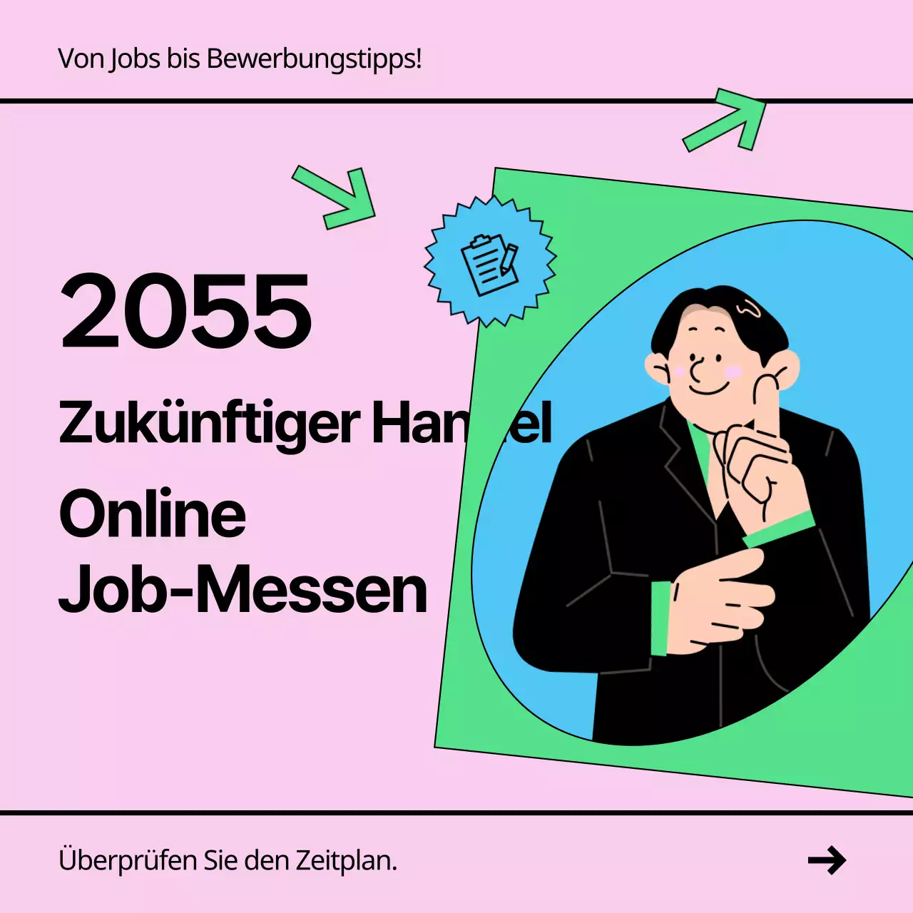Eine einfache rosa-grüne Ankündigung einer Jobmesse