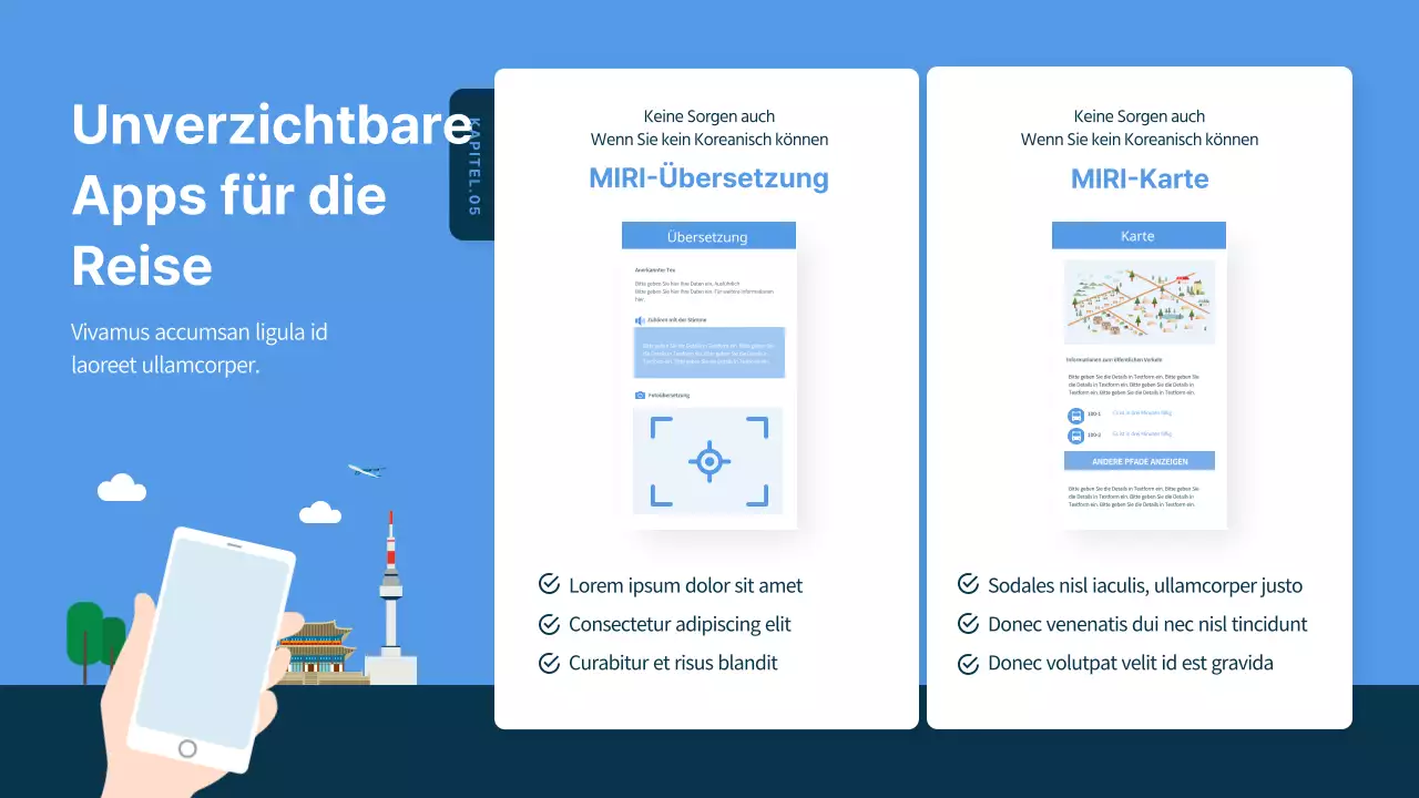 Blau und marineblau illustrierter Reiseführer für Südkorea