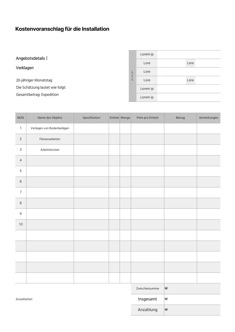 Ausgegraute Tabellen hervorheben Kostenvoranschlag für die Installation