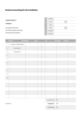 Ausgegraute Tabellen hervorheben Kostenvoranschlag für die Installation