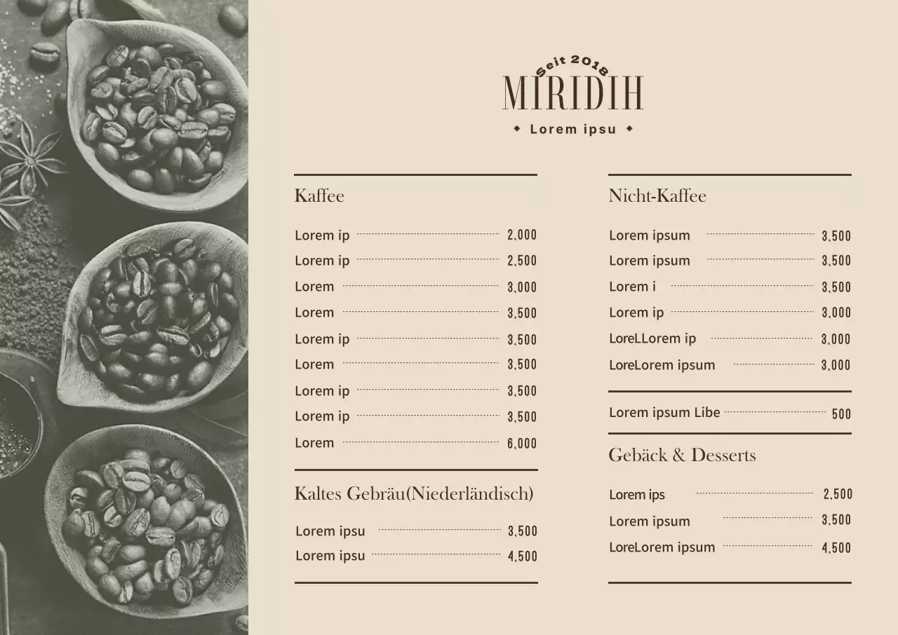 Waagerechtes Café-Menü-Plakat mit Fotos in warmen Beigetönen