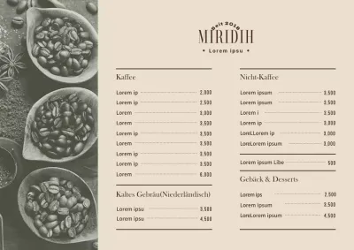 Waagerechtes Café-Menü-Plakat mit Fotos in warmen Beigetönen
