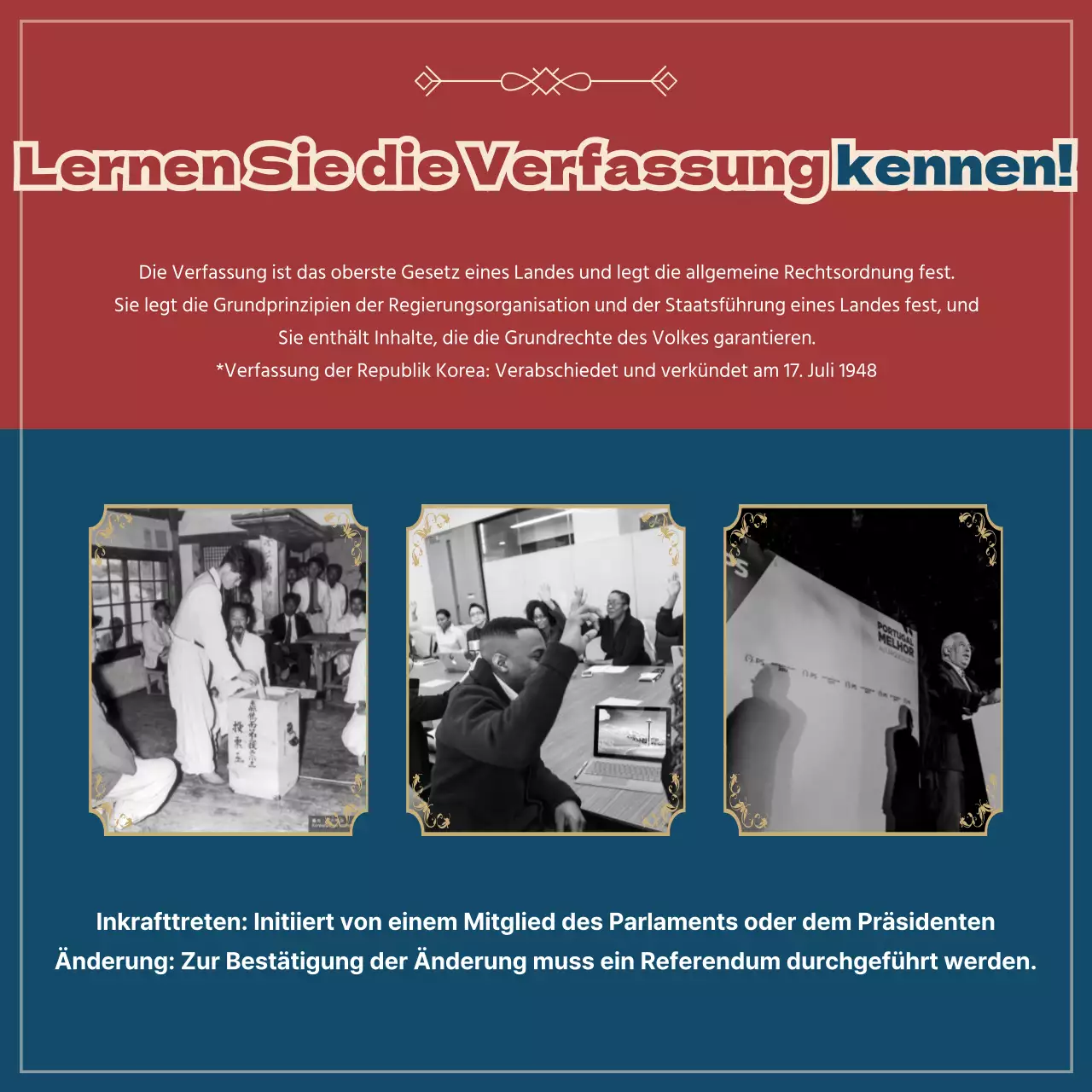 Der Stand der Gesetzgebung in rot und marineblau CardNews