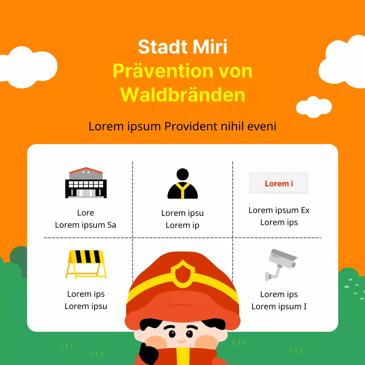 Brandschutztipps für die Buschbrände in der Trockenzeit im April in den Farben Orange, Rot und Grün mit einer einfachen, gut lesbaren und niedlichen plakatähnlichen Illustration.