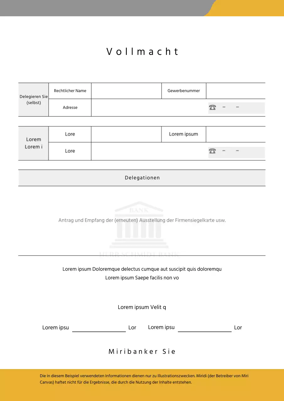 Vollmachtsformular der Bank in gelben Punkten