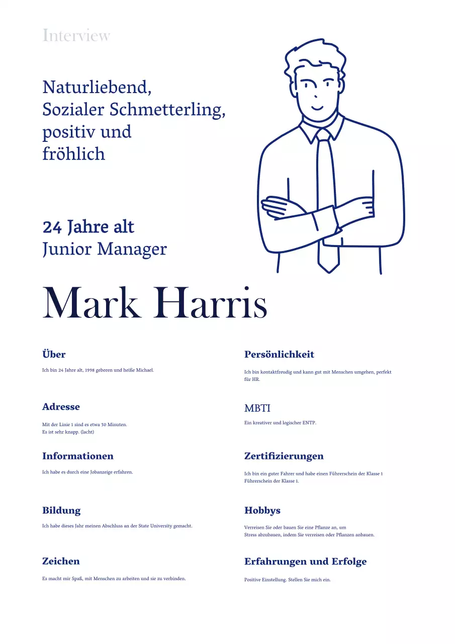 Ein einfacher, illustrierter Lebenslauf mit einem blauen, interviewähnlichen Format
