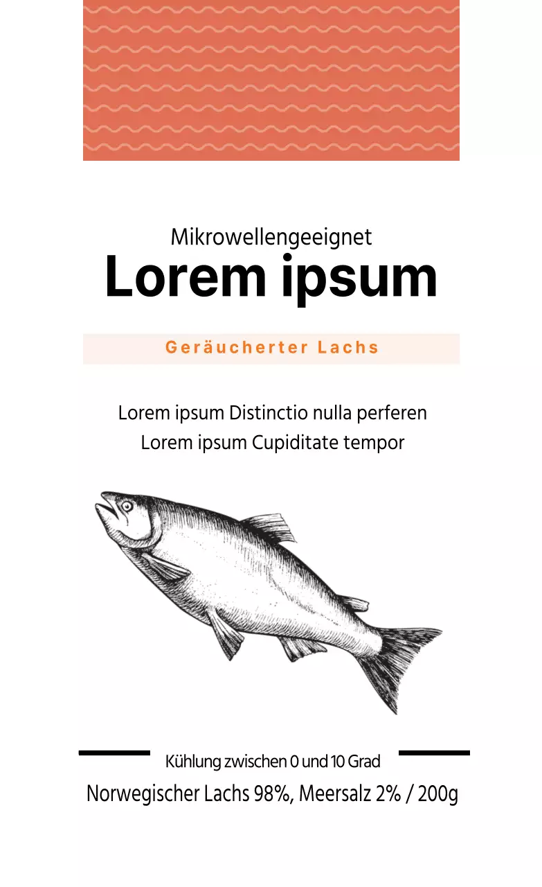 Orangefarbenes illustriertes Fischverpackungsetikett für Räucherlachs