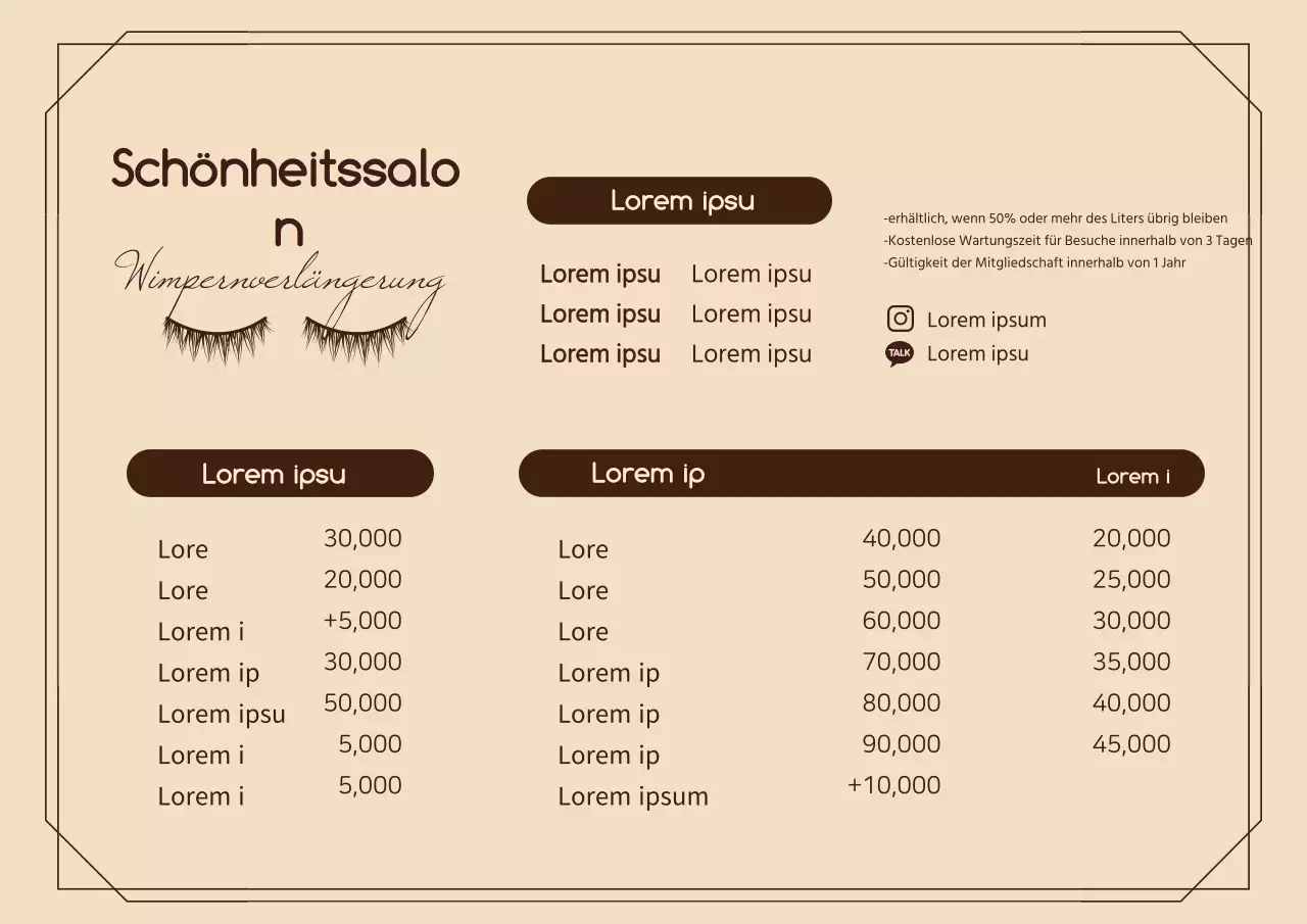 Saubere Speisekarte eines Schönheitssalons mit braunen Illustrationen